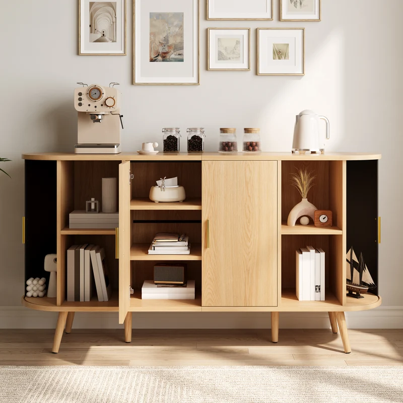 Buffet effet bois clair avec portes coulissantes 3 tiroirs, design arrondi à rainures verticales accents dorés MINIMALISTCORNERART