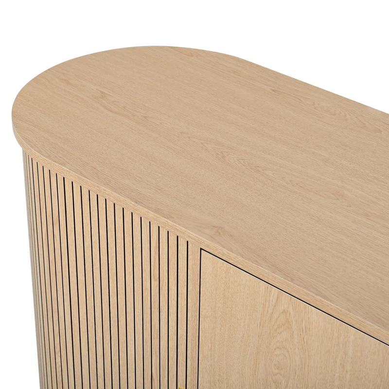 Buffet effet bois clair avec portes coulissantes 3 tiroirs, design arrondi à rainures verticales accents dorés MINIMALISTCORNERART