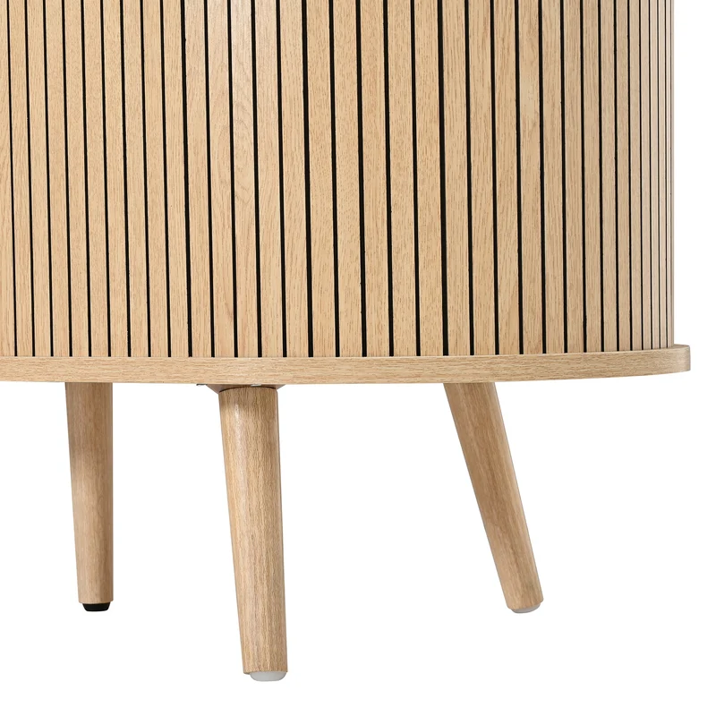 Buffet effet bois clair avec portes coulissantes 3 tiroirs, design arrondi à rainures verticales accents dorés MINIMALISTCORNERART