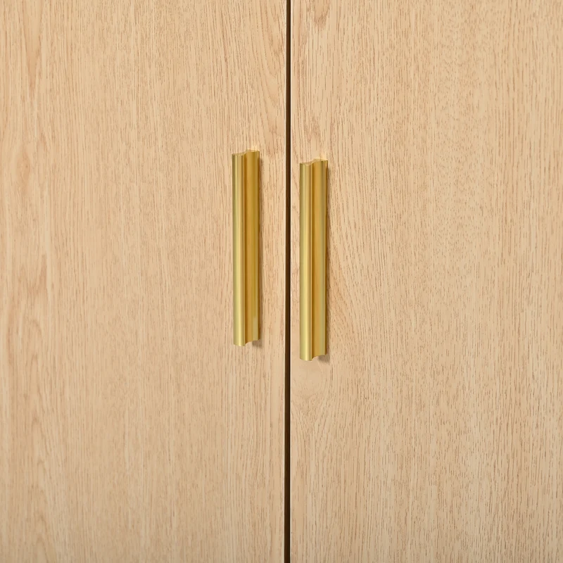 Buffet effet bois clair avec portes coulissantes 3 tiroirs, design arrondi à rainures verticales accents dorés MINIMALISTCORNERART