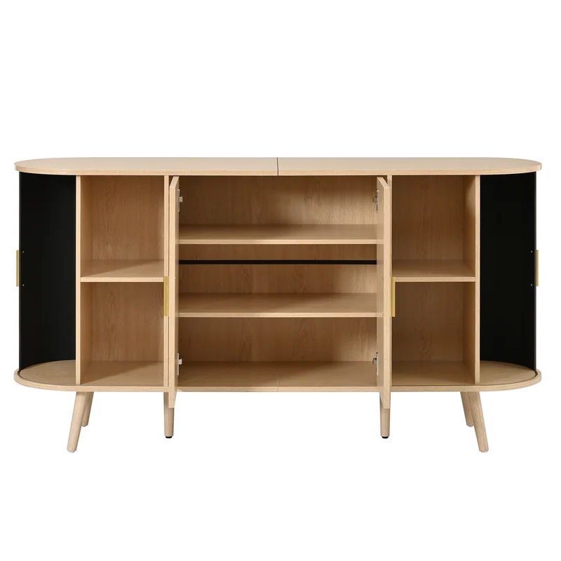 Buffet effet bois clair avec portes coulissantes 3 tiroirs, design arrondi à rainures verticales accents dorés MINIMALISTCORNERART