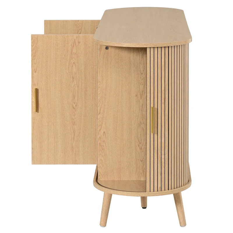 Buffet effet bois clair avec portes coulissantes 3 tiroirs, design arrondi à rainures verticales accents dorés MINIMALISTCORNERART