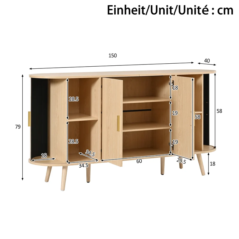 Buffet effet bois clair avec portes coulissantes 3 tiroirs, design arrondi à rainures verticales accents dorés MINIMALISTCORNERART