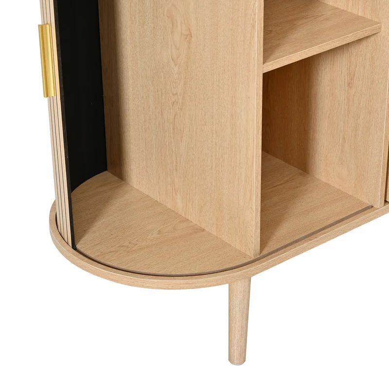 Buffet effet bois clair avec portes coulissantes 3 tiroirs, design arrondi à rainures verticales accents dorés MINIMALISTCORNERART