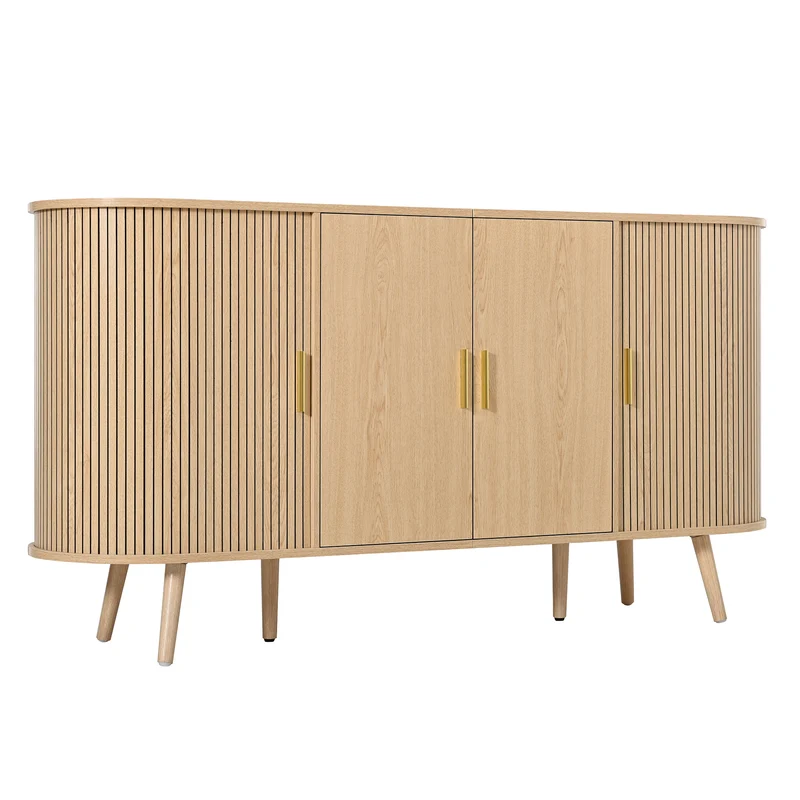 Buffet effet bois clair avec portes coulissantes 3 tiroirs, design arrondi à rainures verticales accents dorés MINIMALISTCORNERART