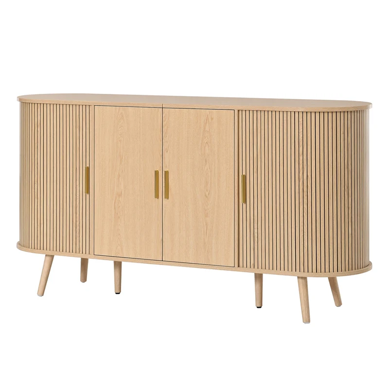 Buffet effet bois clair avec portes coulissantes 3 tiroirs, design arrondi à rainures verticales accents dorés MINIMALISTCORNERART