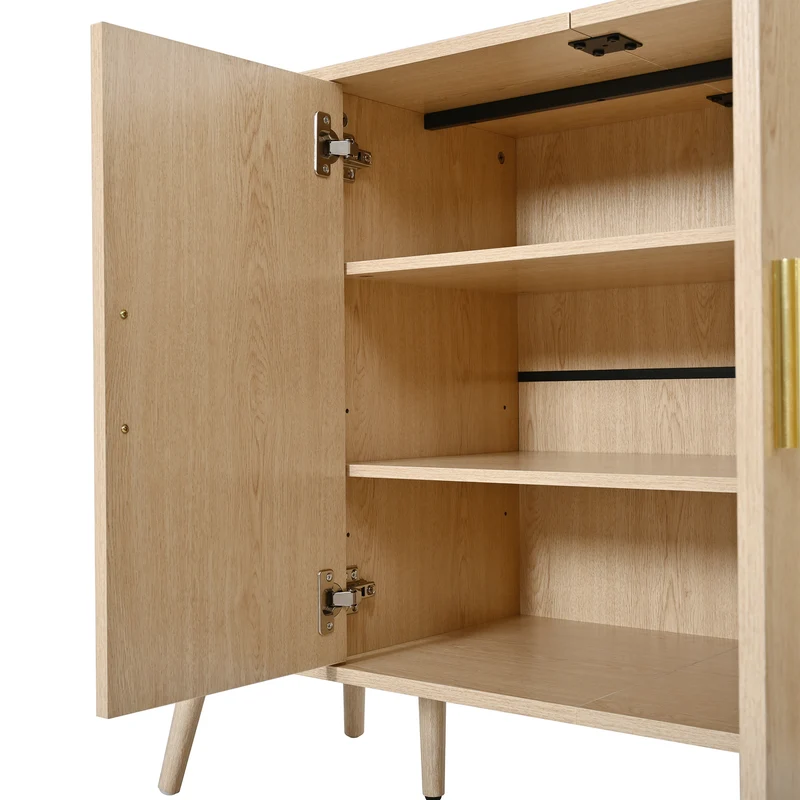 Buffet effet bois clair avec portes coulissantes 3 tiroirs, design arrondi à rainures verticales accents dorés MINIMALISTCORNERART