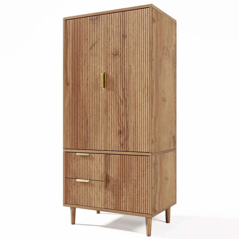 Armoire effet chêne 3 portes, 2 tiroirs, cannage 3D poignées dorés 80×50×177cm RUSTICTRAYART