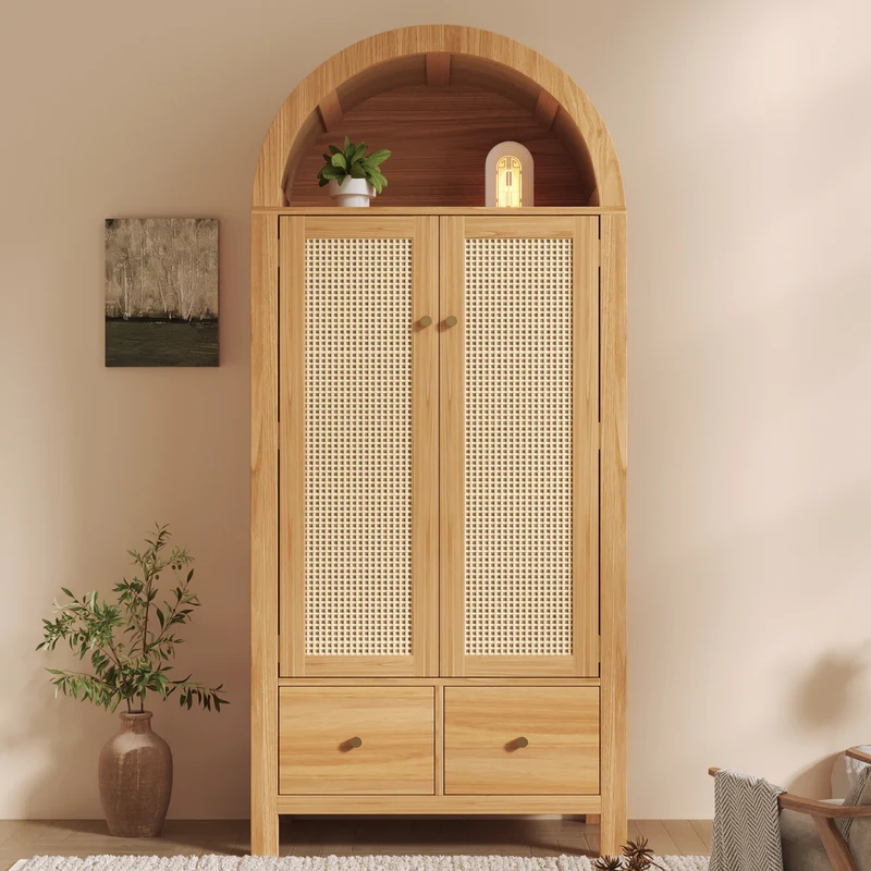 Armoire forme arche effet bois clair, cannage rotin, style campagne 181x78x45cm SCANDINAVIANMETALPRI