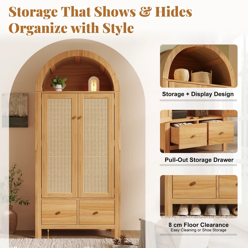 Armoire forme arche effet bois clair, cannage rotin, style campagne 181x78x45cm SCANDINAVIANMETALPRI