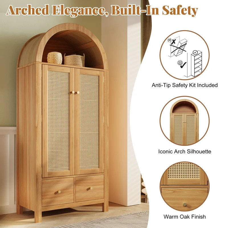 Armoire forme arche effet bois clair, cannage rotin, style campagne 181x78x45cm SCANDINAVIANMETALPRI