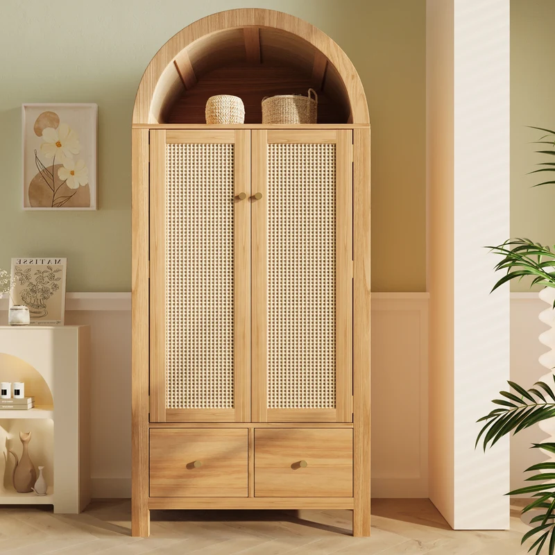 Armoire forme arche effet bois clair, cannage rotin, style campagne 181x78x45cm SCANDINAVIANMETALPRI