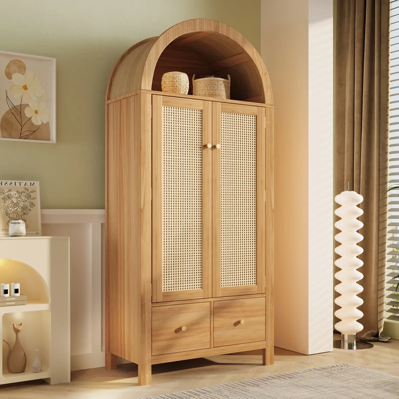 Armoire forme arche effet bois clair, cannage rotin, style campagne 181x78x45cm SCANDINAVIANMETALPRI