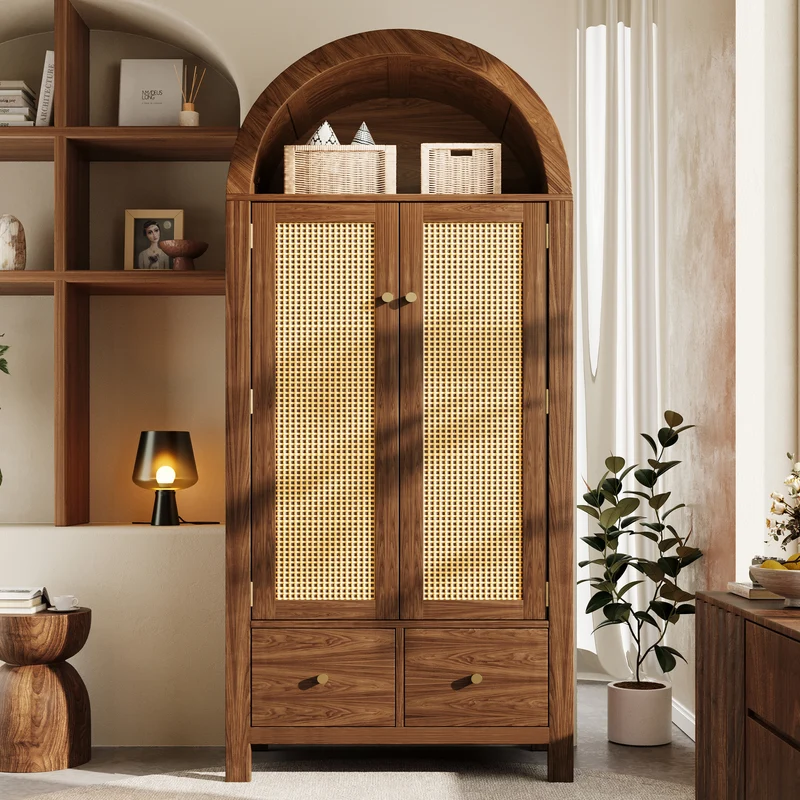 Armoire forme arche effet bois noyer, cannage rotin, style campagne 181x78x45cm SCANDINAVIANMIRROR