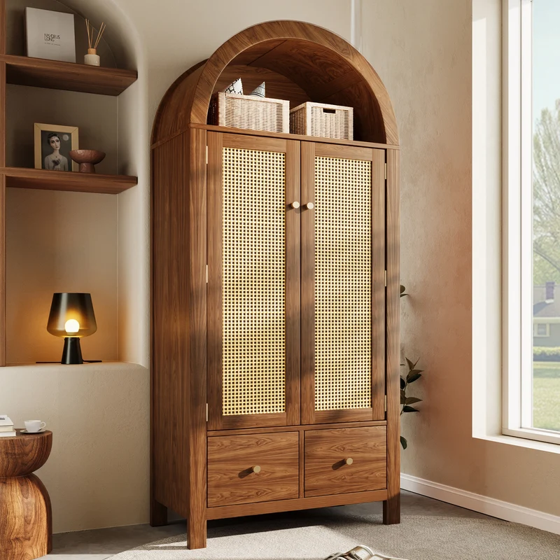Armoire forme arche effet bois noyer, cannage rotin, style campagne 181x78x45cm SCANDINAVIANMIRROR