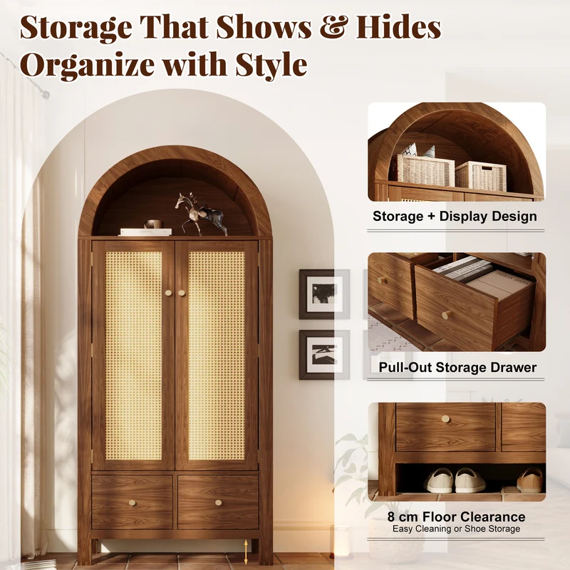 Armoire forme arche effet bois noyer, cannage rotin, style campagne 181x78x45cm SCANDINAVIANMIRROR