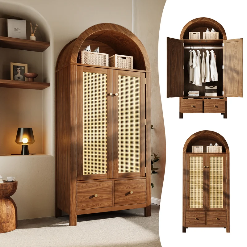 Armoire forme arche effet bois noyer, cannage rotin, style campagne 181x78x45cm SCANDINAVIANMIRROR