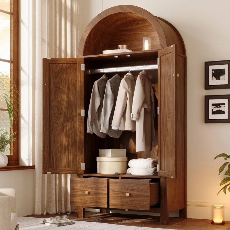 Armoire forme arche effet bois noyer, cannage rotin, style campagne 181x78x45cm SCANDINAVIANMIRROR