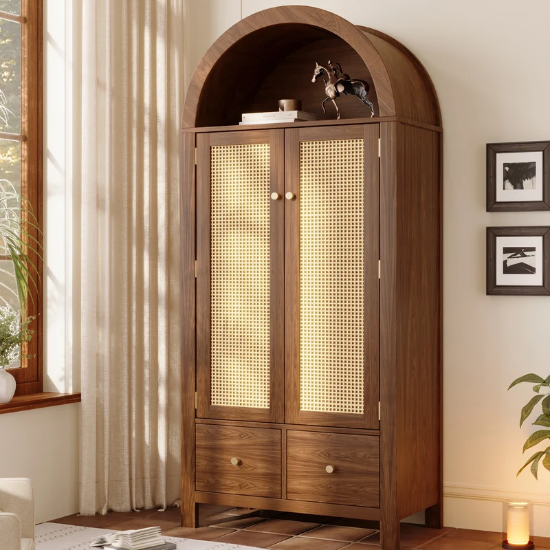 Armoire forme arche effet bois noyer, cannage rotin, style campagne 181x78x45cm SCANDINAVIANMIRROR
