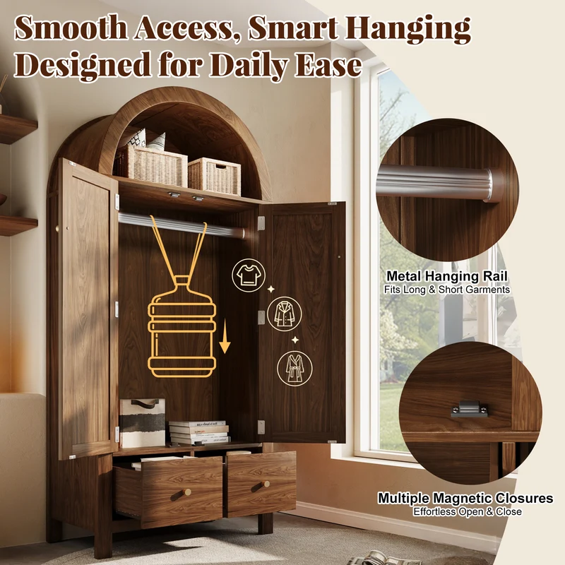 Armoire forme arche effet bois noyer, cannage rotin, style campagne 181x78x45cm SCANDINAVIANMIRROR