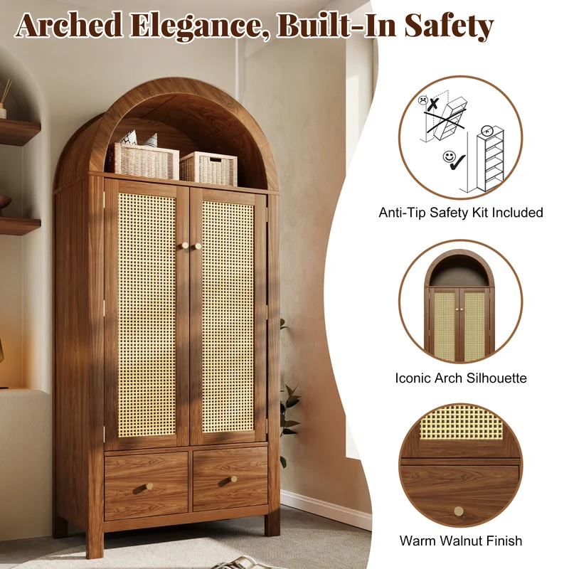 Armoire forme arche effet bois noyer, cannage rotin, style campagne 181x78x45cm SCANDINAVIANMIRROR