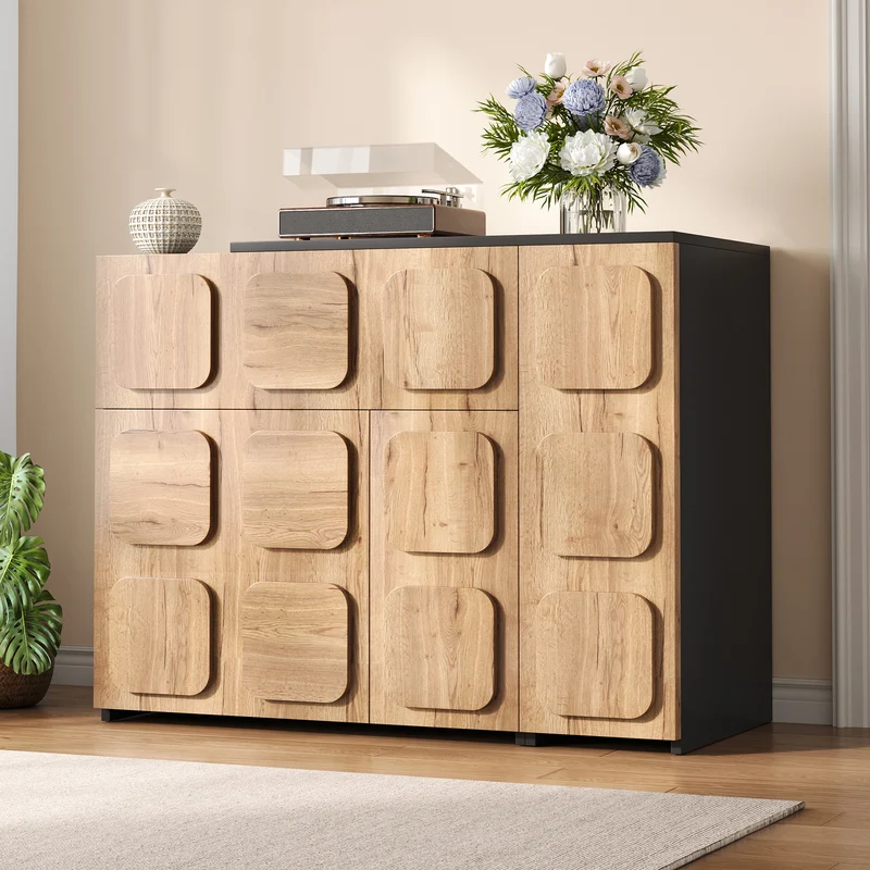 Buffet extensible rotatif effet bois naturel motif carré en relief 3 portes et tiroir 107–158cm RUSTICFRAME