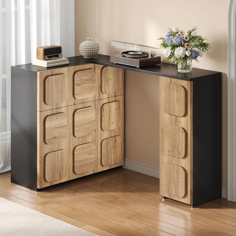 Buffet extensible rotatif effet bois naturel motif carré en relief 3 portes et tiroir 107–158cm RUSTICFRAME