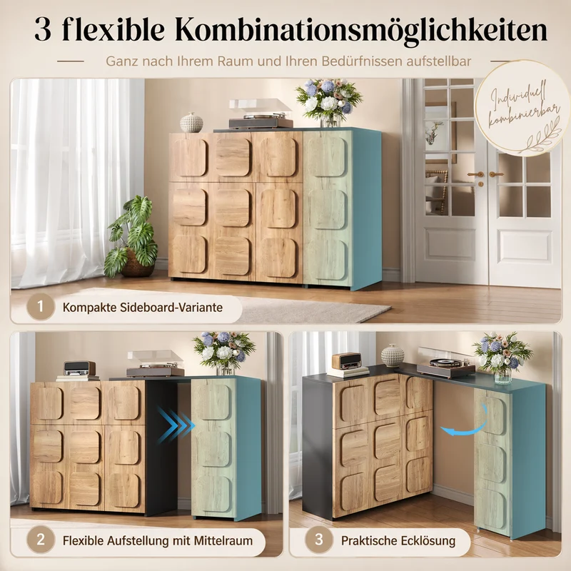 Buffet extensible rotatif effet bois naturel motif carré en relief 3 portes et tiroir 107–158cm RUSTICFRAME
