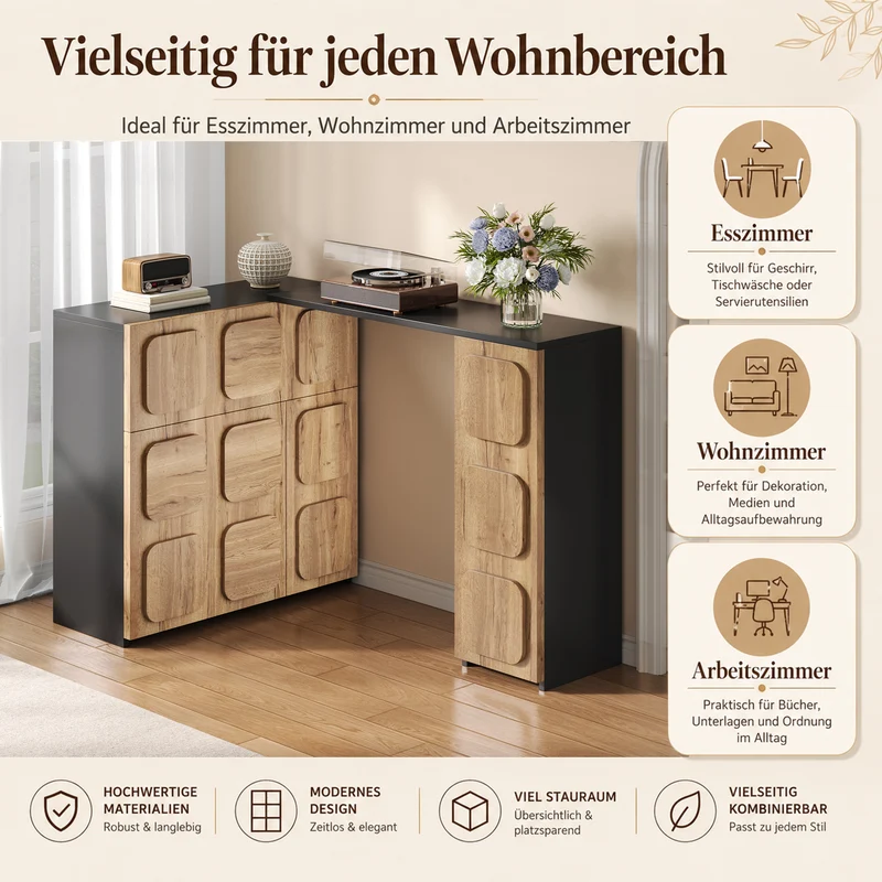 Buffet extensible rotatif effet bois naturel motif carré en relief 3 portes et tiroir 107–158cm RUSTICFRAME
