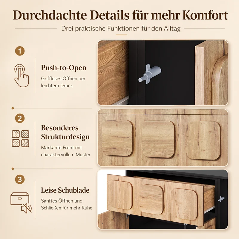 Buffet extensible rotatif effet bois naturel motif carré en relief 3 portes et tiroir 107–158cm RUSTICFRAME