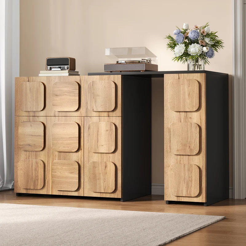 Buffet extensible rotatif effet bois naturel motif carré en relief 3 portes et tiroir 107–158cm RUSTICFRAME