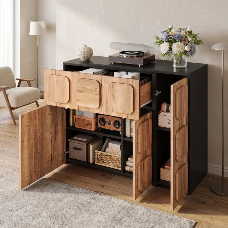 Buffet extensible rotatif effet bois naturel motif carré en relief 3 portes et tiroir 107–158cm RUSTICFRAME