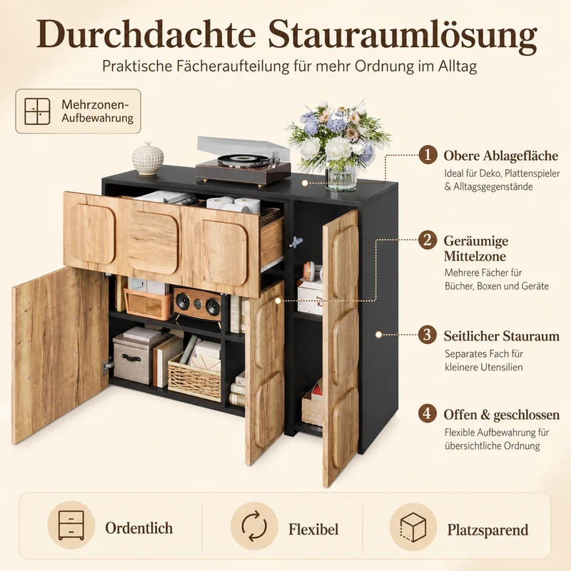 Buffet extensible rotatif effet bois naturel motif carré en relief 3 portes et tiroir 107–158cm RUSTICFRAME