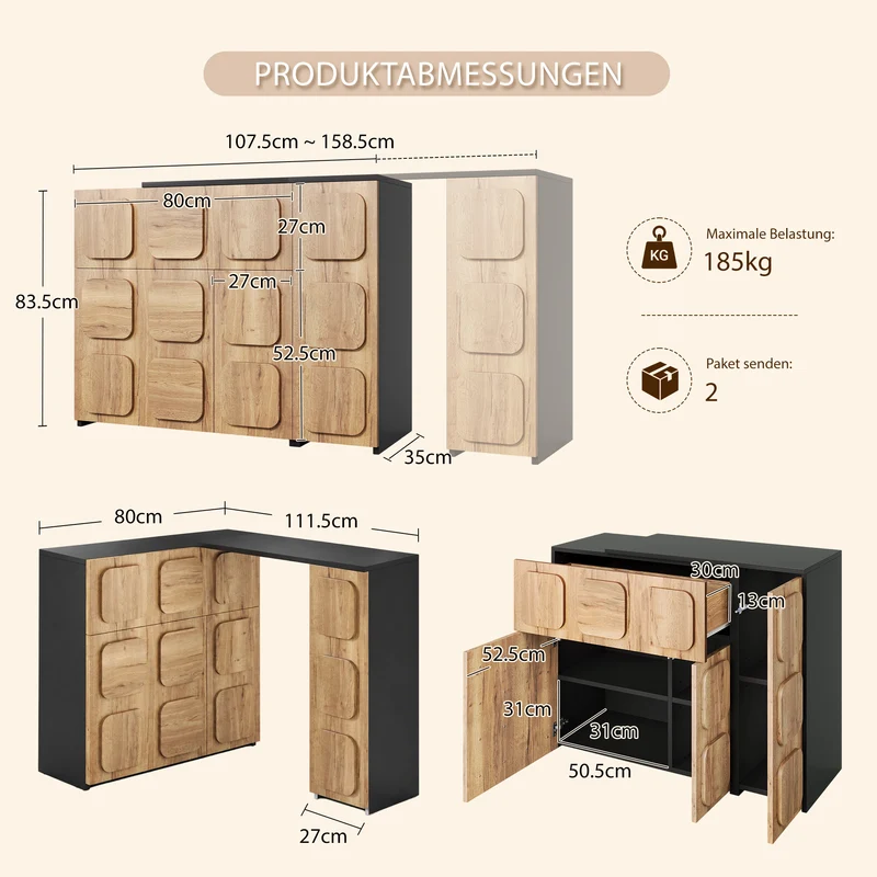 Buffet extensible rotatif effet bois naturel motif carré en relief 3 portes et tiroir 107–158cm RUSTICFRAME