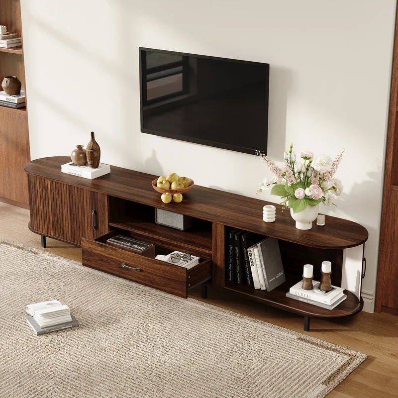 Meuble TV effet noyer style rétro à portes coulissantes 180cm RUSTICSTYLE