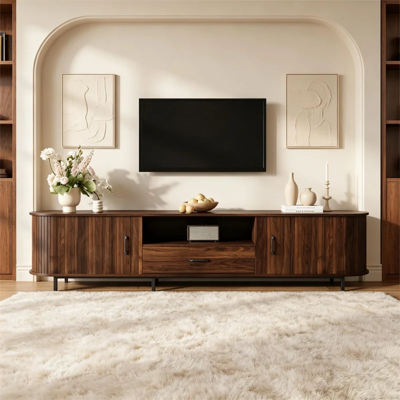 Meuble TV effet noyer style rétro à portes coulissantes 180cm RUSTICSTYLE