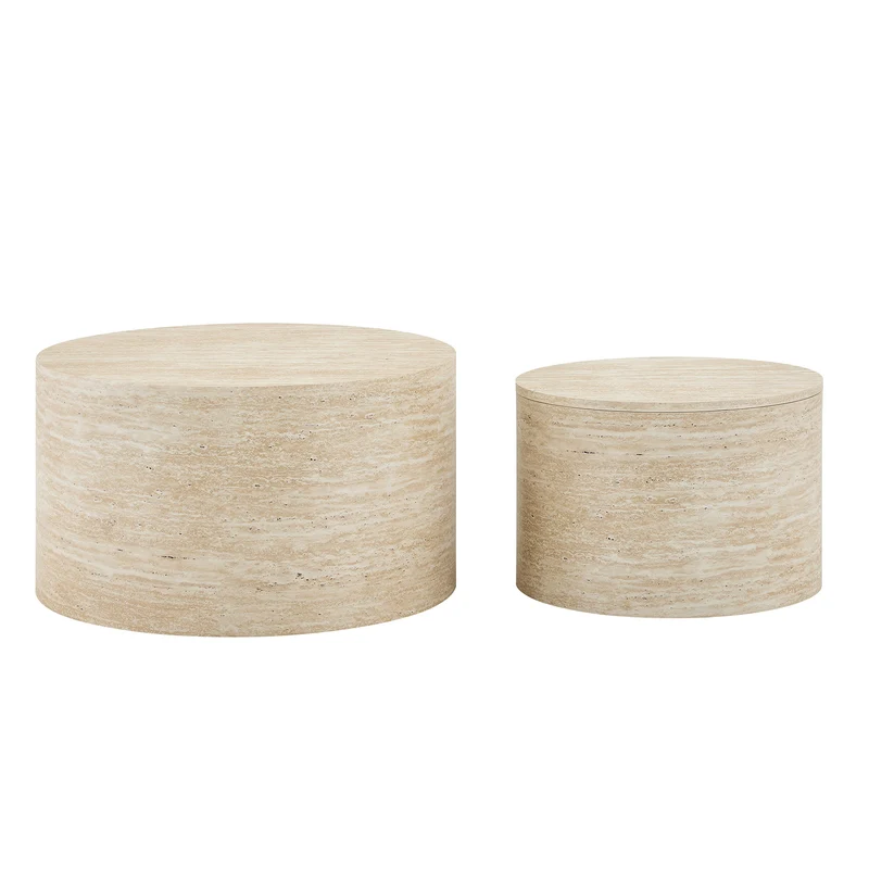 Lot de 2 tables basses gigognes rondes effet bois avec rangement, empilable RUSTICVANITYHOME