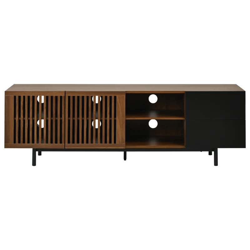 Meuble TV effet noyer et noir avec portes cannées 160cm RUSTICOTTOMANHOME