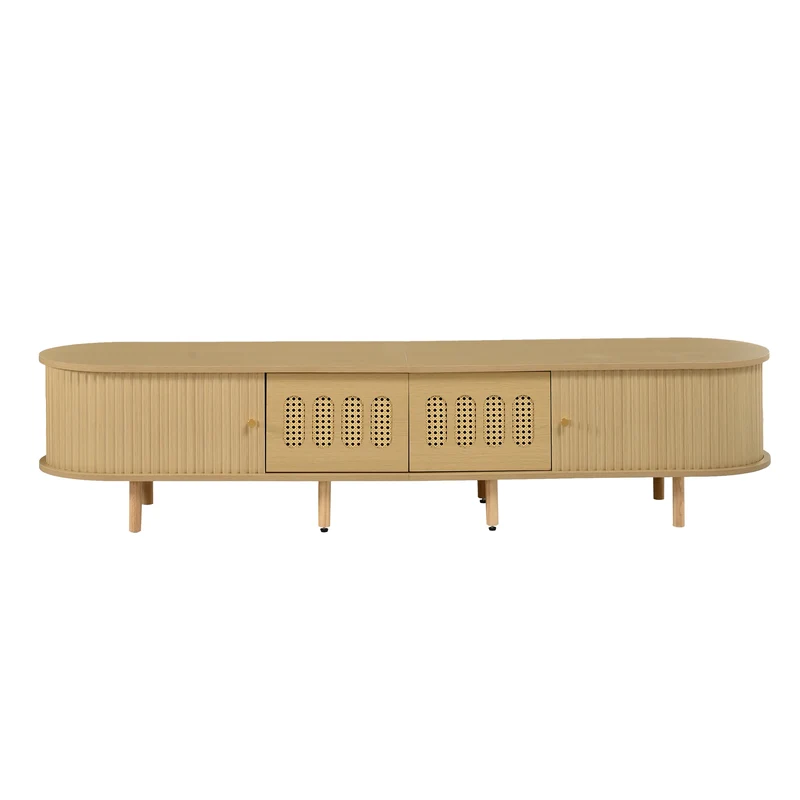 Meuble TV effet bois clair, cannage rotin, 2 portes coulissantes 180cm RUSTICNIGHTSTANDHOME