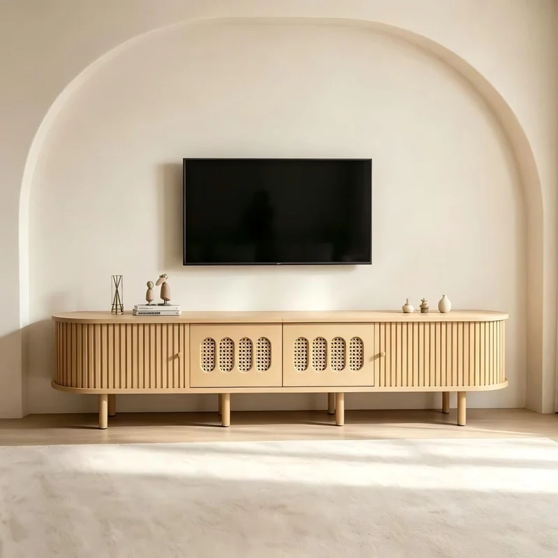 Meuble TV effet bois clair, cannage rotin, 2 portes coulissantes 180cm RUSTICNIGHTSTANDHOME