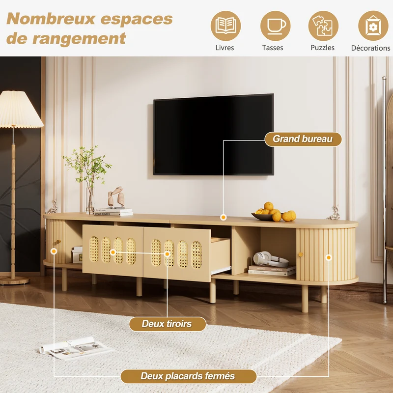 Meuble TV effet bois clair, cannage rotin, 2 portes coulissantes 180cm RUSTICNIGHTSTANDHOME