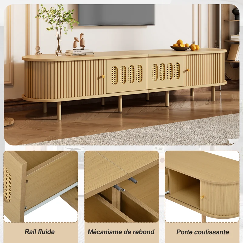 Meuble TV effet bois clair, cannage rotin, 2 portes coulissantes 180cm RUSTICNIGHTSTANDHOME