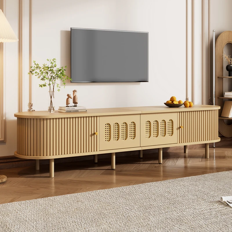 Meuble TV effet bois clair, cannage rotin, 2 portes coulissantes 180cm RUSTICNIGHTSTANDHOME