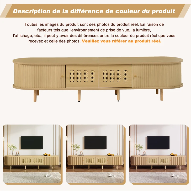 Meuble TV effet bois clair, cannage rotin, 2 portes coulissantes 180cm RUSTICNIGHTSTANDHOME