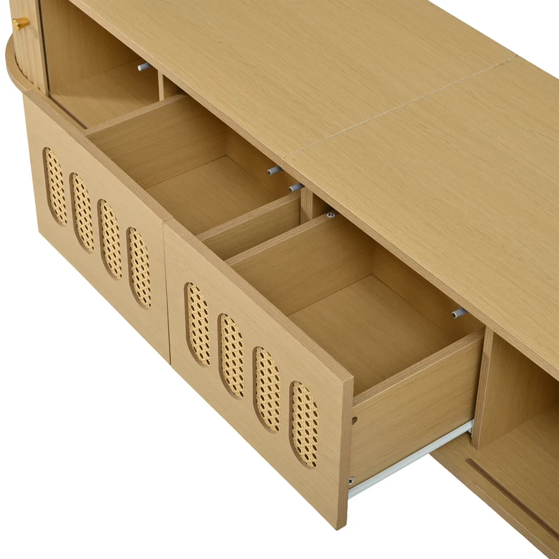 Meuble TV effet bois clair, cannage rotin, 2 portes coulissantes 180cm RUSTICNIGHTSTANDHOME