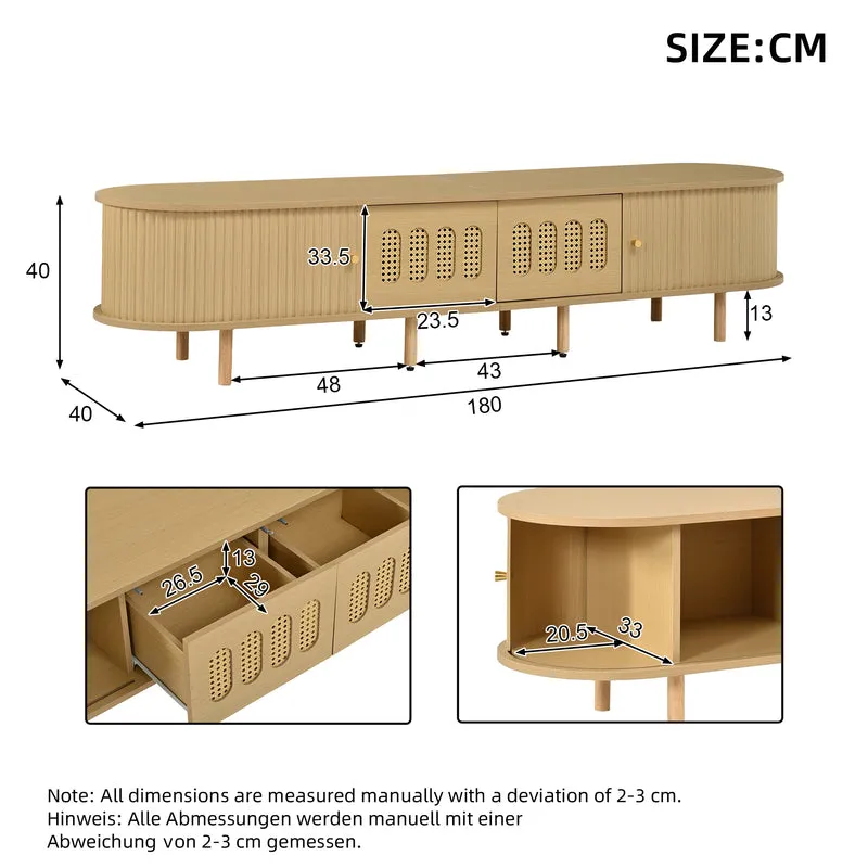 Meuble TV effet bois clair, cannage rotin, 2 portes coulissantes 180cm RUSTICNIGHTSTANDHOME