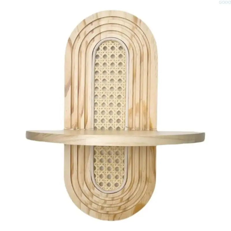 Etagère murale bohème bois et rotin avec tablette de support semi circulaire