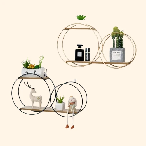 Etagère murale décorative double planche bois clair et double cercle en métal