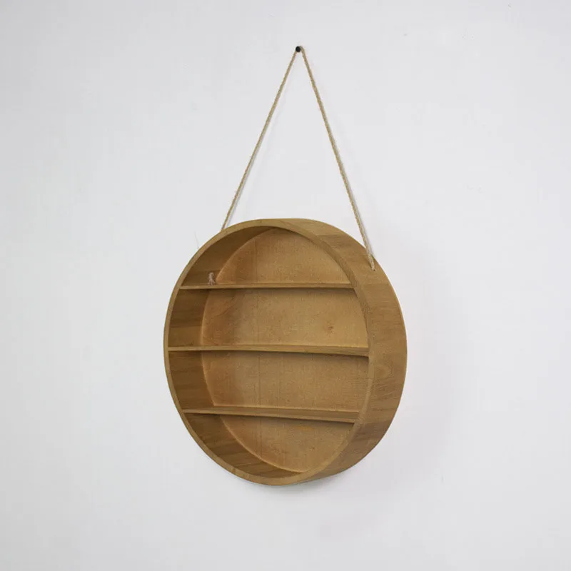 Etagère murale ronde suspendue en bois avec trois étagères et 4 compartiments