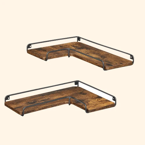 Etagère d'angle murale industrielle en bois avec rebord métallique noir